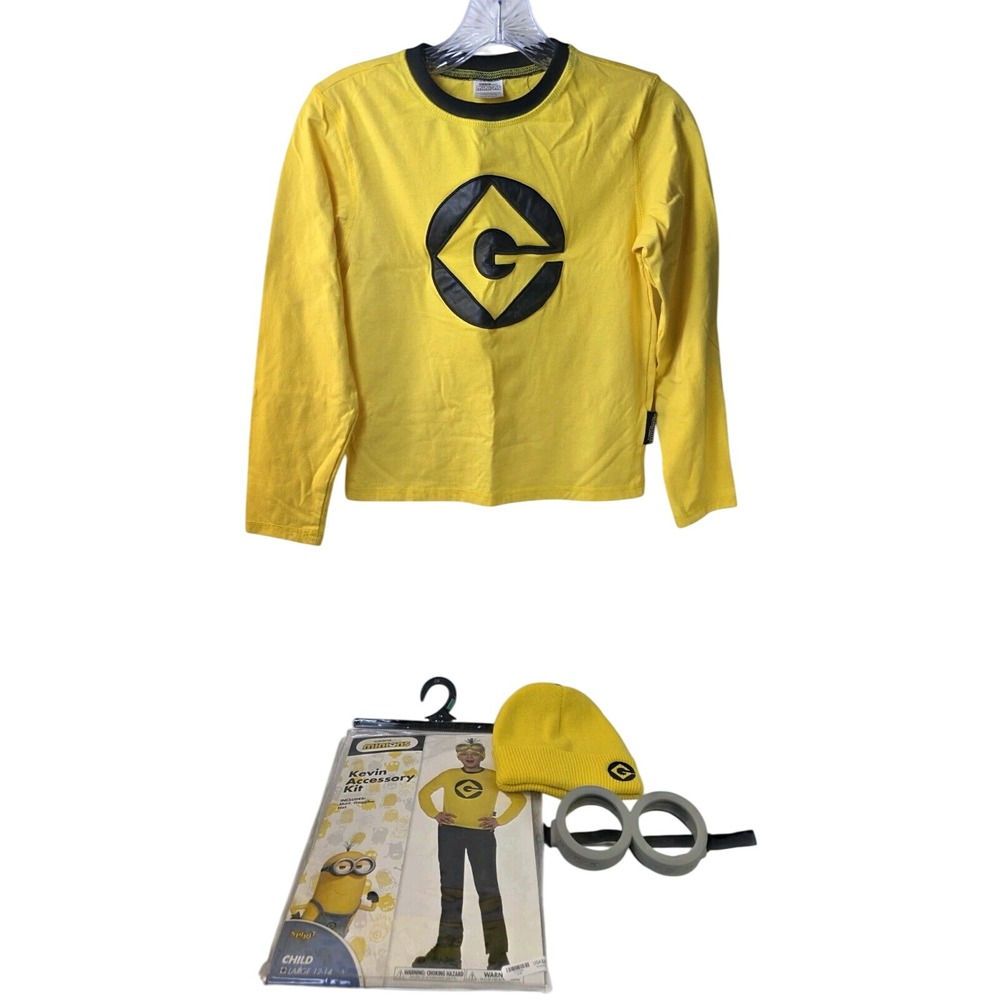 Minions Kevin‎ Costume Set Kids Large 12-14 Long Sleeve Shirt Hat Goggles Yellow